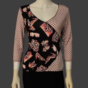 JESSICA MAX Y2k Pink Polka Dot Leopard Print Fashionista V-Neck Blouse